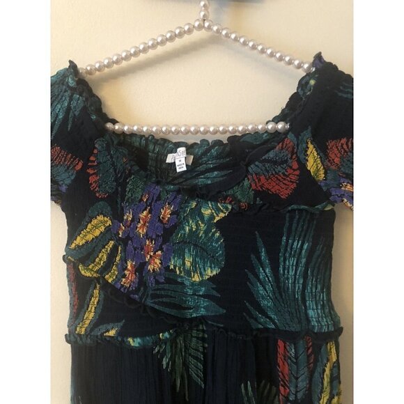 Patrons Of Peace Womens Size M Black Tropical Floral Dress Smocked Short Sleeve - Picture 2 of 6